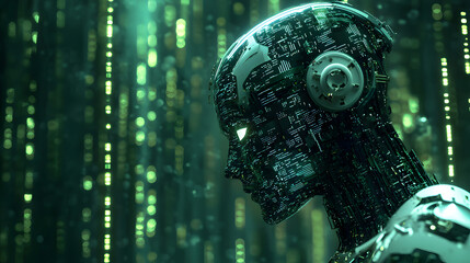 Intricate portrait of a futuristic android head showcasing detailed circuitry glowing with internal light against a dark digital backdrop