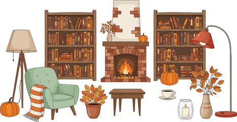 Cozy autumn living room interior vector illustration with fireplace, bookshelves, armchair, pumpkins, warm home decor elements © Shabita