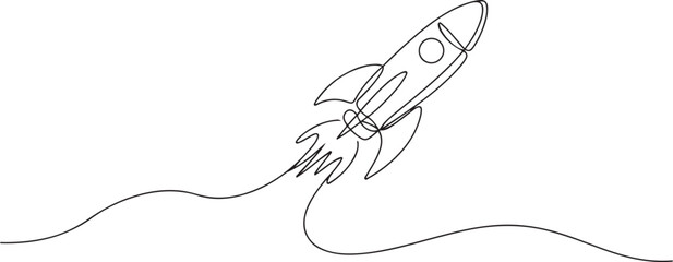 Continuous line drawing of spaceship flying. Single line illustration of rocket spaceship launch, one line Art icon drawing