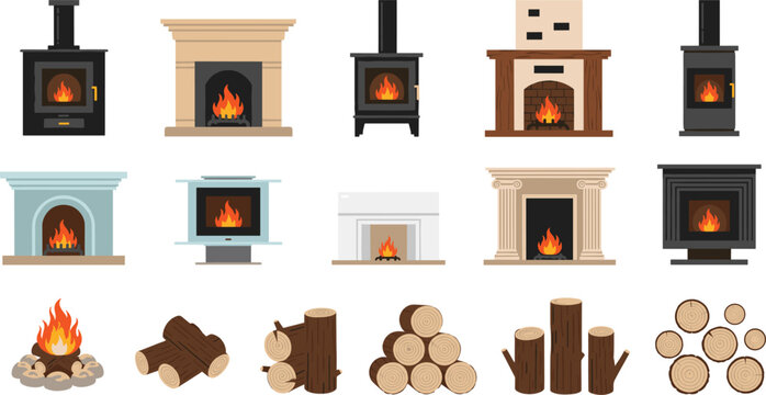 Collection of fireplaces wood stoves and firewood elements including logs piles and campfire flat vector illustration set
