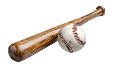 Wooden baseball bat with baseball ball isolated on cut out PNG or transparent background. Sports recreation athletic equipment.	Bat features polished surface with visible brown wood grain.