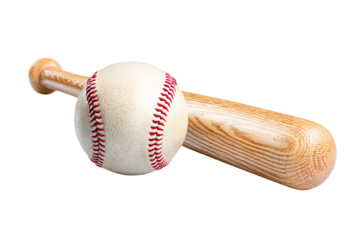 Wooden baseball bat with baseball ball isolated on cut out PNG or transparent background. Bat features polished surface with visible brown wood grain. Sports, recreation, athletic equipment.