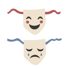 Comedy and Tragedy Theater Masks. Dramatic performance symbols expressing emotions contrast storytelling culture stage art. Vector Illustration