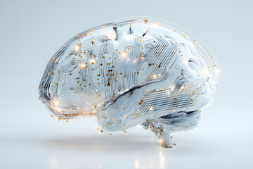 Digital white brain design orange overlay on white background. Computer programming code and structural elements. Has futuristic, tech-inspired appearance. Future Technology.