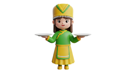3D Cartoon waitress in traditional costume holding plates on transparent background