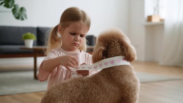 A preschooler applies a temporary tattoo collar with hearts to a poodle's neck in a minimalist apartment with studio lighting, concept of fashionable pet care and playful valentine's day styling