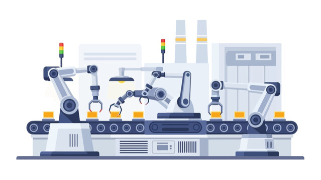 An industrial robotic assembly line with multiple robotic arms working on products on a conveyor belt in a factory setting with a predominantly blue and gray color scheme.