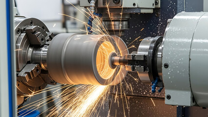 Precision metalworking with sparks flying from a lathe during industrial machining