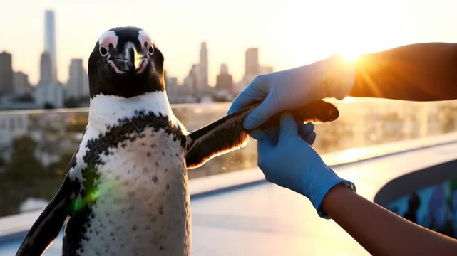 African Penguin Receiving Health Check by Veterinarian Against City Skyline at Sunset. Wildlife Conservation and Veterinary Care.