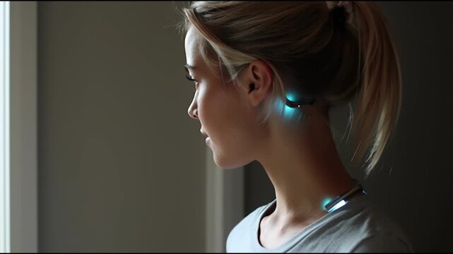 A woman with blue earrings and a ponytail is looking at the camera. a moody. Minimal wearable device for ai mental tracking glowing subtly, ai driven mental health tools