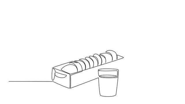 Animation of single line drawing of sliced bread beside a milk jug and glass, representing breakfast, and homemade taste for National Peanut Butter Cookie Day celebration. Full length motion