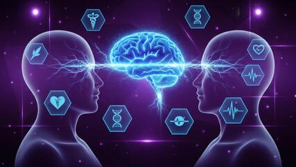 Brainpower Connection Transparent Heads Link with Medical Iconography.