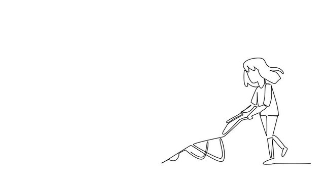 Animated self drawing of continuous line drawing of a girl pushing a wheelbarrow filled with stones, representing struggle for World Day Against Child Labor campaign. Full length single line animation