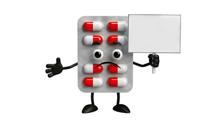 3D Sad Pill Blister Character Holding a Blank Sign on transparent background