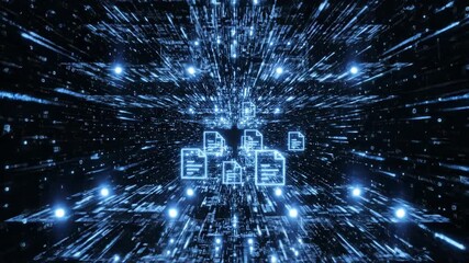 Glowing blue documents and data flying through a dark tunnel with binary code and neon lights - Powered by Adobe