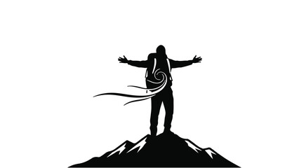 Adventurous hiker celebrates reaching mountain summit with open arms, embracing the freedom of the outdoors.