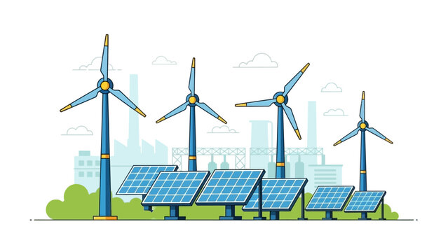 Illustration of wind turbines and solar panels in a green landscape with a cityscape background, representing renewable energy and sustainability in an industrial setting.
