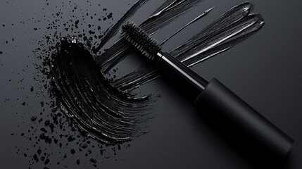A black mascara wand with black mascara smudged on a black background, with a black handle and black cap. The mascara wand is angled diagonally