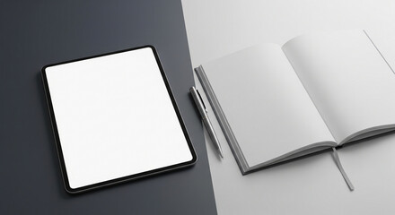 Modern digital tablet and open notebook with pen on a contrasting split background, ready for creative work.