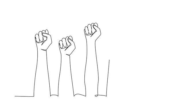 Animated self drawing of one line drawing of raised hands forming clenched fists, an international event concept for Democracy Day, symbolizing solidarity, freedom. Full length single line animation