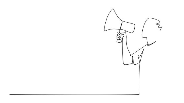 Animated self drawing of continuous line drawing of a young man with a megaphone announcing civic participation, international event, International Day of Democracy. Full length single line animation