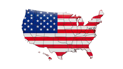 3D USA Map with American Flag Overlay on transparent background