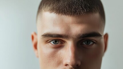 Fototapeta premium A close-up of a young man's face, with a neutral expression, set against a plain white background.