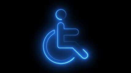 Glowing neon animated male and female silhouette with wheelchair icon. Bright outline WC toilet or restroom sign on a black background. WC sign. - Powered by Adobe
