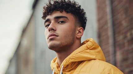 A young man with curly hair wearing a yellow jacket, standing outdoors in front of a brick wall.