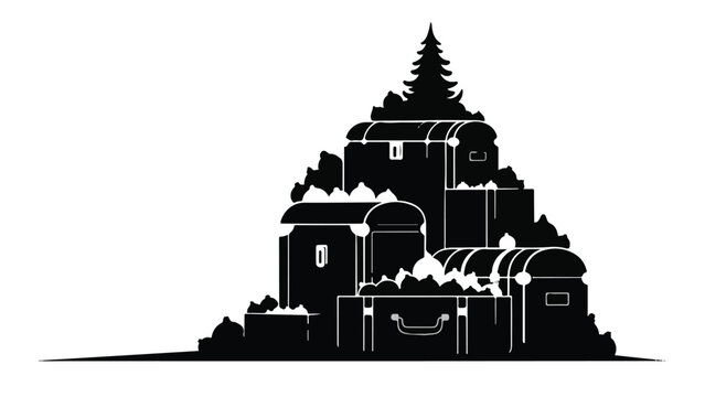 Montanha de tesouros em ba&uacute;s antigos com pinheiro no topo