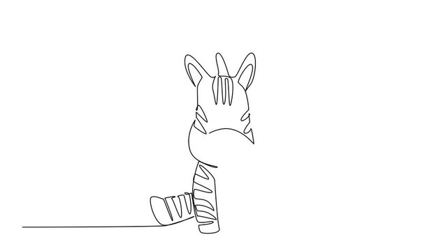 Animation of single line draw of a cute baby zebra sitting with stripes and tufted tail, a wildlife concept themed for cute wild animals cartoon sitting, ideal for nursery decor. Full length motion