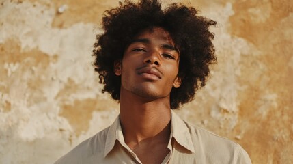 A young man with curly hair, wearing a light-colored shirt, stands in front of a weathered wall with a yellowish-brown hue, possibly in a rustic or urban setting. 
