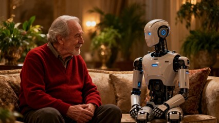 Old man and robot on couch