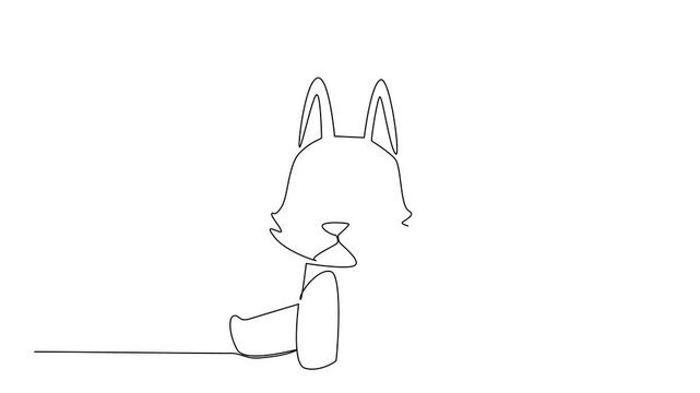 Animation of single line drawing of a cute baby wolf sitting with pricked ears and fluffy tail, a nature concept for nursery decor, stickers, and playful kids branding. Full length motion