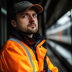 A man in an orange high-visibility jacket and black cap, standing in front of a train track, looking out of a window.