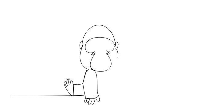 Animation of single line draw of cute baby gorilla sitting with round head, tiny ears and gentle hands, a wildlife concept for cute wild animals cartoon sitting, ideal for decor. Full length motion