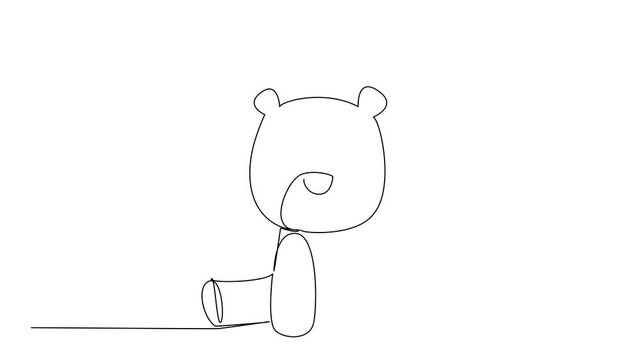 Animated self drawing of single line drawing of a cute baby brown bear sitting with round muzzle and tiny ears, ideal for nursery posters, stickers, and kids branding. Full length one line animation