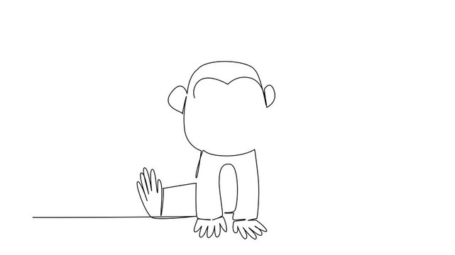 Self drawing animation of one line draw of cute baby monkey sitting with big ears and curled tail, a wild cute wild animals cartoon sitting, ideal for playful kids branding. Full length animated