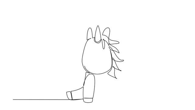 Animation of single line drawing of a cute baby unicorn sitting with small horn and flowing mane, a fantasy concept themed, ideal for nursery posters, stickers, and kids brand. Full length motion