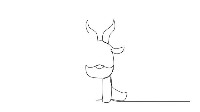 Self drawing animation of single line drawing of a cute baby antelope sitting with slender horns and small beard, a animals cartoon sitting, posters, stickers, and kids branding. Full length animated