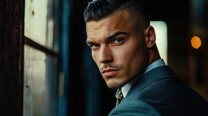 A man with slicked-back hair and a suit, standing in front of a window with a blurred background, looking directly at the camera.