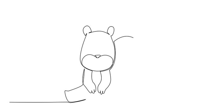 Animation of one line drawing of a cute baby squirrel sitting with curled tail, a nature concept themed for cute wild animals cartoon sitting, ideal for children room decor. Full length motion
