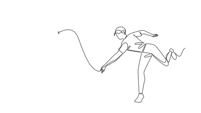 Animated self drawing of one line drawing of a man pitcher striding to throw deliver a softball, sports concept for athletic performance, World Softball Day highlighting teams. Full length animation