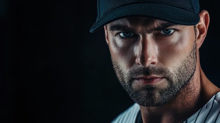 A muscular baseball player with a beard, wearing a black cap, stands against a dark background with a spotlight effect, highlighting his intense expression.