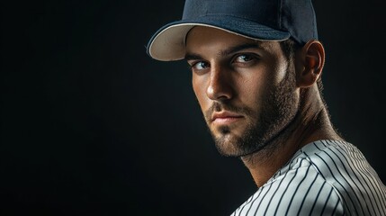 A baseball player in a dark cap, wearing a striped uniform, stands against a black background with a focused gaze.