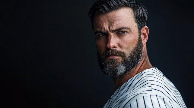 A man with a beard and mustache, wearing a striped shirt, standing against a dark background with a serious expression.