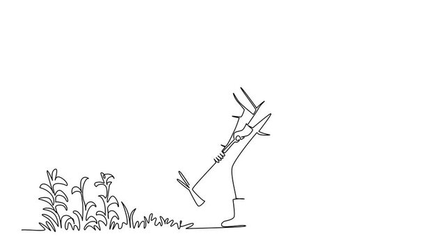 Self drawing animation of one line drawing of a man hoeing weeds from a garden bed, nature concept for lawn and landscape care, themed for National Weed Your Garden Day. Full length animated