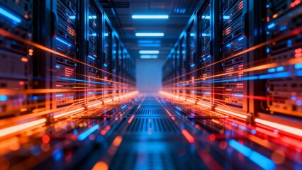Server room with glowing data lines