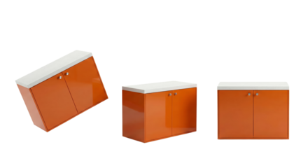 Modern minimalist orange storage cabinets with sleek white tops isolated on transparent background