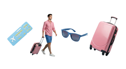 Travel Preparation Scene with Suitcase Boarding Pass and Sunglasses on Isolated Transparent